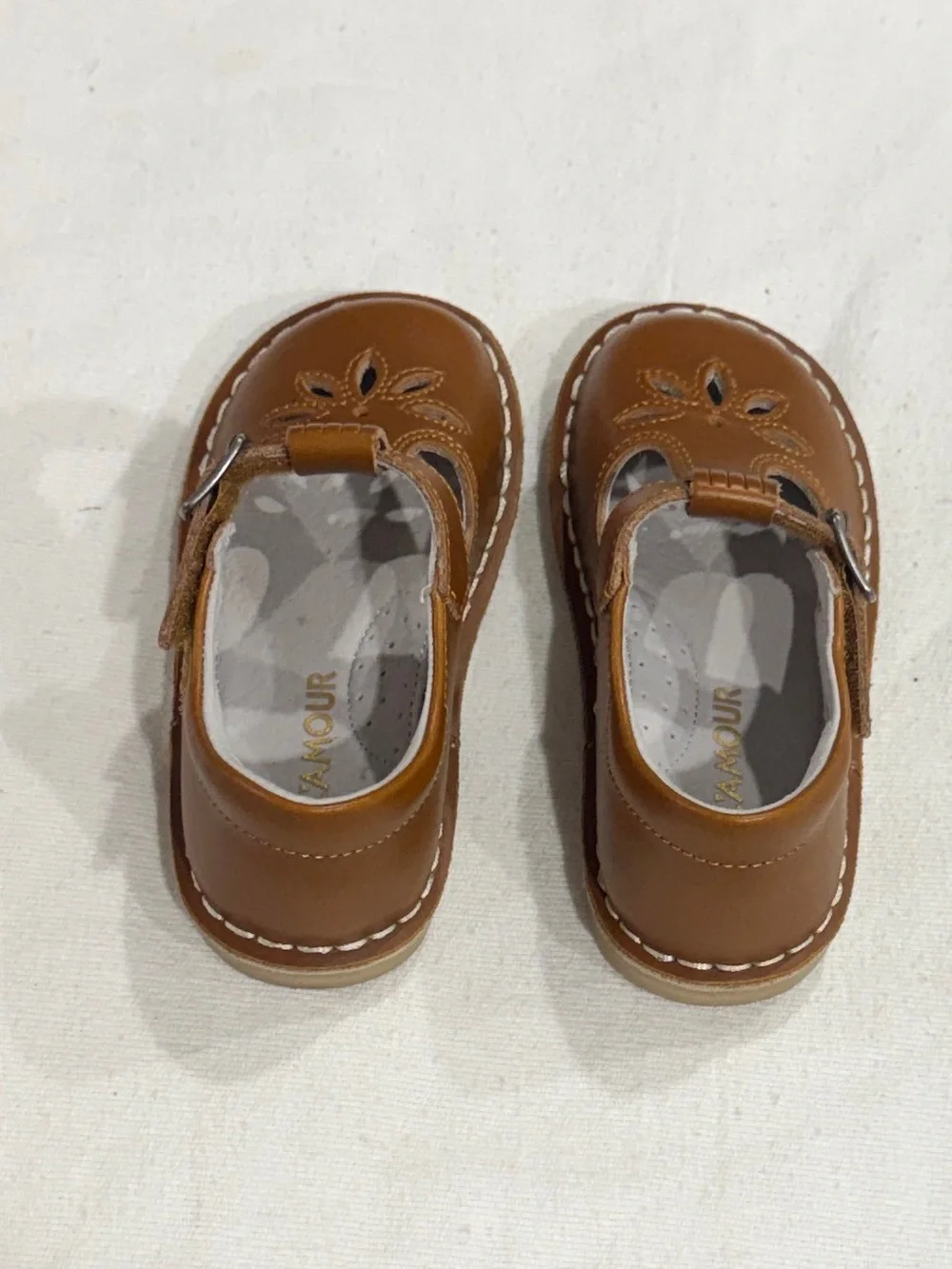 L’Amour Kids T-Strap Leather Mary Jane Shoes - Brown/Cognac